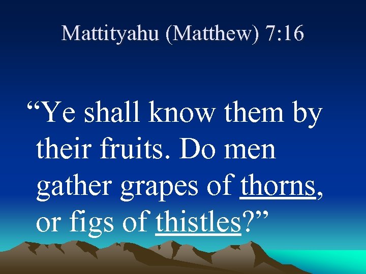 Mattityahu (Matthew) 7: 16 “Ye shall know them by their fruits. Do men gather