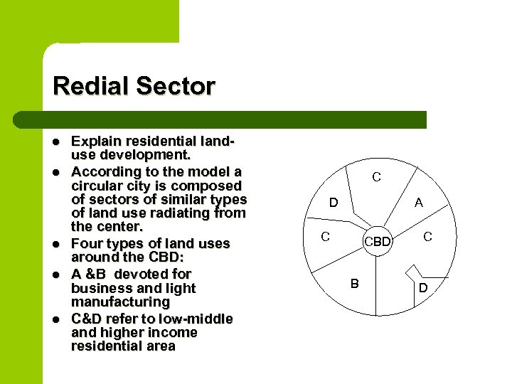 Redial Sector l l l Explain residential landuse development. According to the model a
