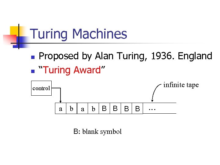 Turing Machines n n Proposed by Alan Turing, 1936. England “Turing Award” infinite tape