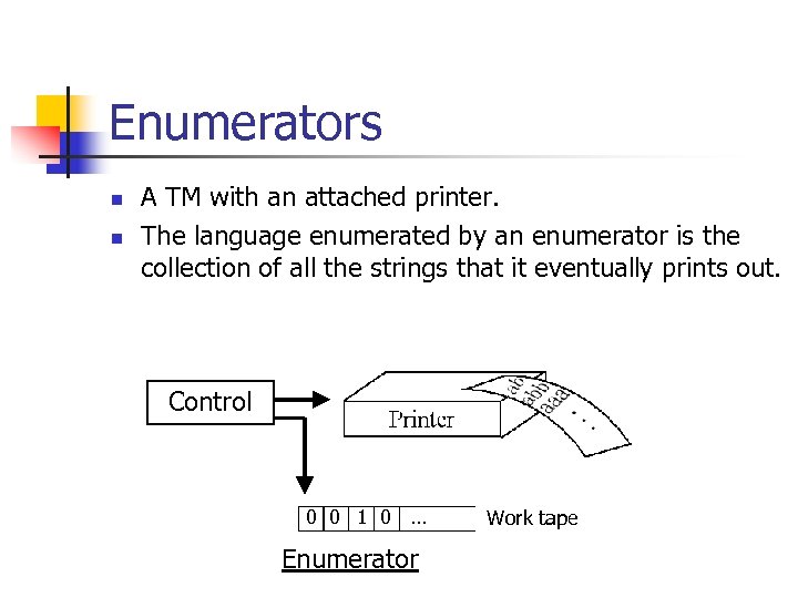 Enumerators n n A TM with an attached printer. The language enumerated by an