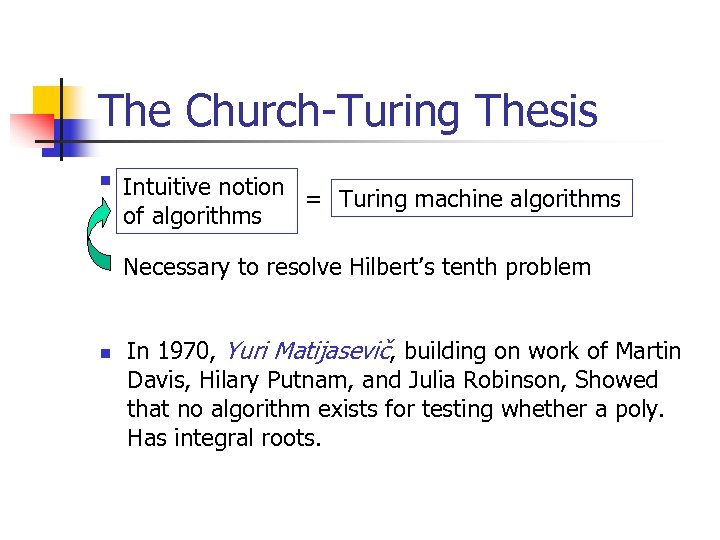 The Church-Turing Thesis n Intuitive notion = Turing machine algorithms of algorithms Necessary to