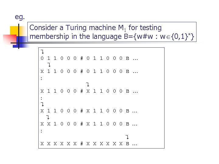 eg. Consider a Turing machine M 1 for testing membership in the language B={w#w