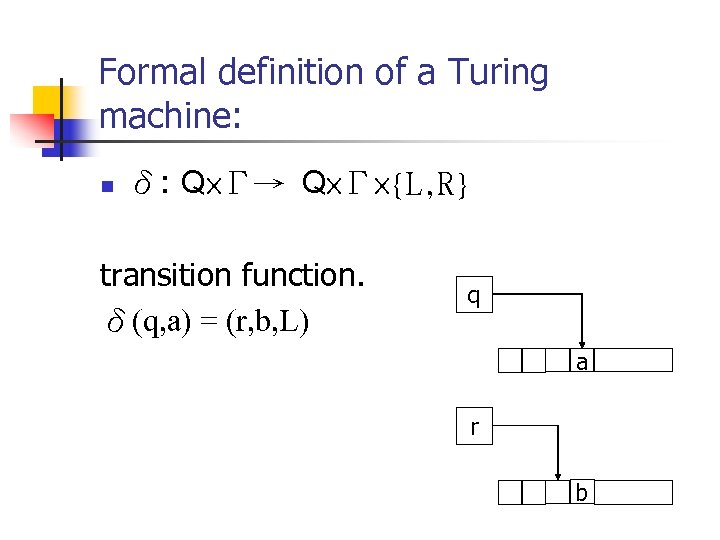 Formal definition of a Turing machine: n δ: Q×Γ→ Q×Γ×{L, R} transition function. δ(q,