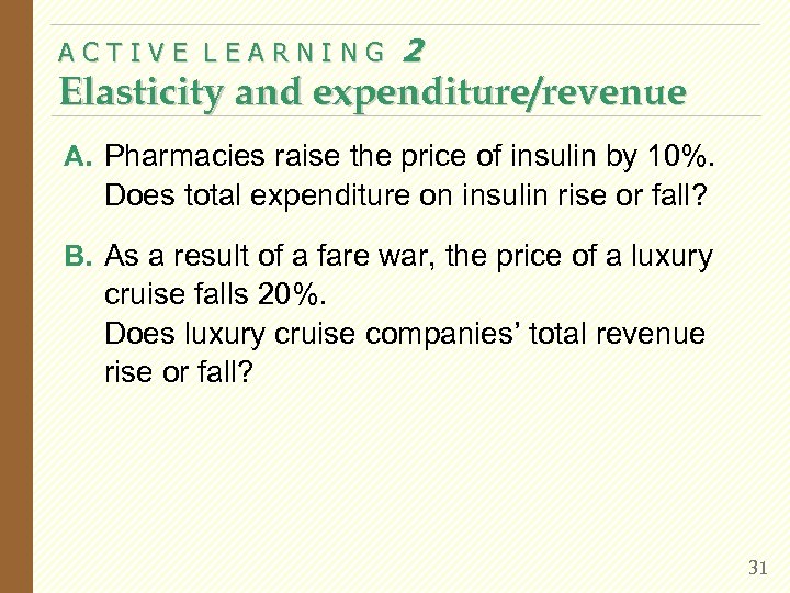 ACTIVE LEARNING 2 Elasticity and expenditure/revenue A. Pharmacies raise the price of insulin by