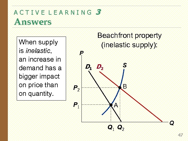ACTIVE LEARNING Answers When supply is inelastic, an increase in demand has a bigger