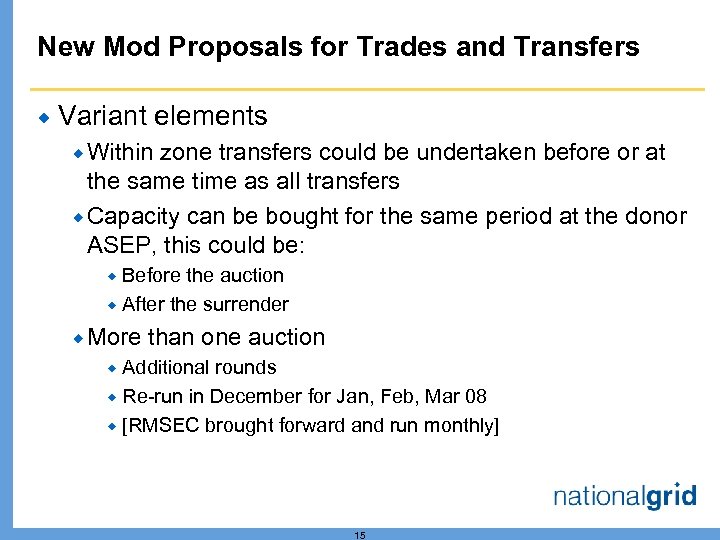 New Mod Proposals for Trades and Transfers ® Variant elements ® Within zone transfers