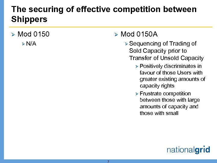 The securing of effective competition between Shippers Ø Mod 0150 Ø Ø N/A Mod