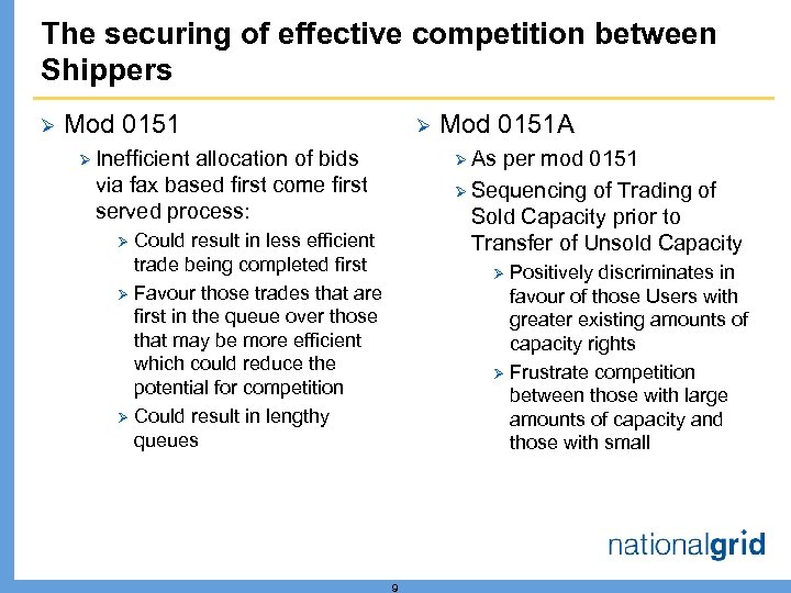 The securing of effective competition between Shippers Ø Mod 0151 Ø Ø Inefficient allocation