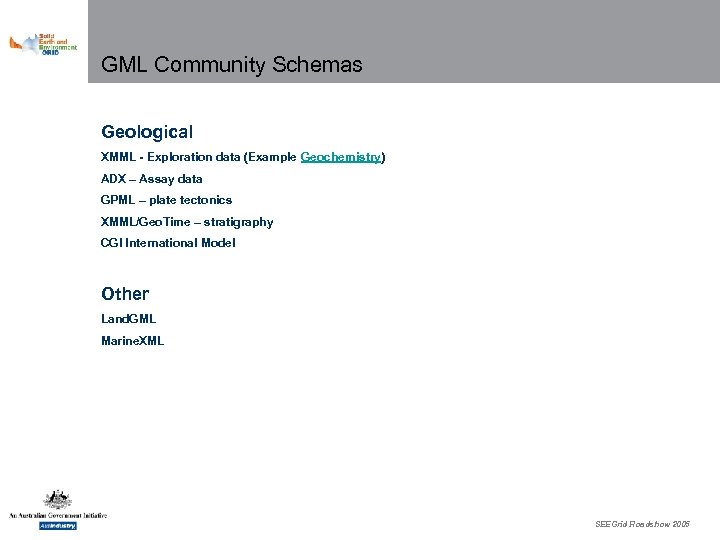 GML Community Schemas Geological XMML - Exploration data (Example Geochemistry) ADX – Assay data