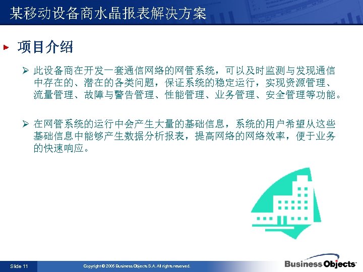 某移动设备商水晶报表解决方案 项目介绍 Ø 此设备商在开发一套通信网络的网管系统，可以及时监测与发现通信 中存在的、潜在的各类问题，保证系统的稳定运行，实现资源管理、 流量管理、故障与警告管理、性能管理、业务管理、安全管理等功能。 Ø 在网管系统的运行中会产生大量的基础信息，系统的用户希望从这些 基础信息中能够产生数据分析报表，提高网络的网络效率，便于业务 的快速响应。 Slide 11 Copyright ©