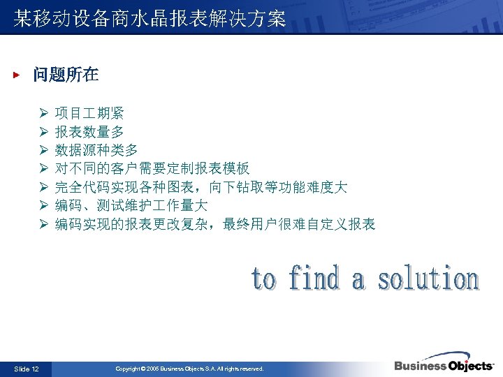 某移动设备商水晶报表解决方案 问题所在 Ø 项目 期紧 Ø 报表数量多 Ø 数据源种类多 Ø 对不同的客户需要定制报表模板 Ø 完全代码实现各种图表，向下钻取等功能难度大 Ø