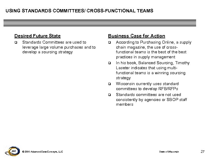 USING STANDARDS COMMITTEES/ CROSS-FUNCTIONAL TEAMS Desired Future State q Standards Committees are used to