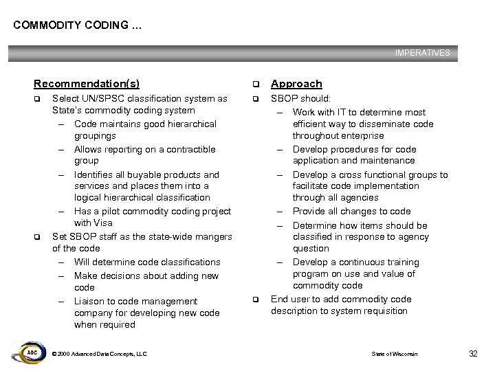 COMMODITY CODING … IMPERATIVES Recommendation(s) q q Select UN/SPSC classification system as State’s commodity