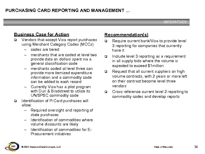 PURCHASING CARD REPORTING AND MANAGEMENT … IMPERATIVES Business Case for Action q q Vendors