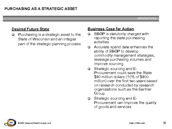 PURCHASING AS A STRATEGIC ASSET IMPERATIVES Desired Future State q Purchasing is a strategic