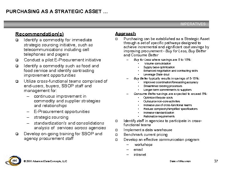 PURCHASING AS A STRATEGIC ASSET … IMPERATIVES Recommendation(s) q q q Identify a commodity