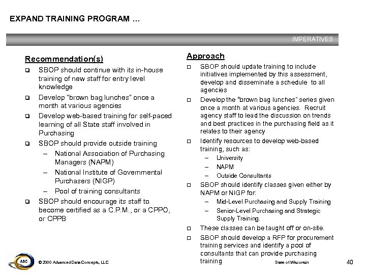 EXPAND TRAINING PROGRAM … IMPERATIVES Recommendation(s) q q q SBOP should continue with its