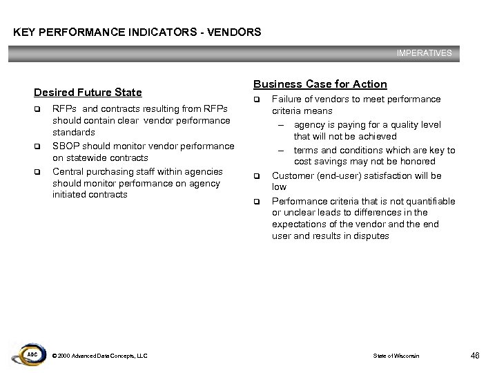 KEY PERFORMANCE INDICATORS - VENDORS IMPERATIVES Desired Future State q q q RFPs and