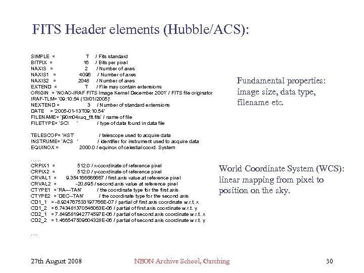 FITS Header elements (Hubble/ACS): SIMPLE = T / Fits standard BITPIX = 16 /