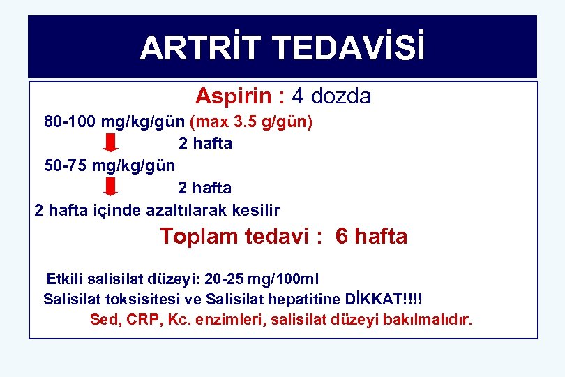 ARTRİT TEDAVİSİ Aspirin : 4 dozda 80 -100 mg/kg/gün (max 3. 5 g/gün) 2
