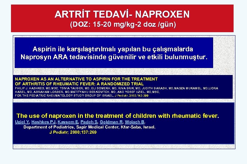 ARTRİT TEDAVİ- NAPROXEN (DOZ: 15 -20 mg/kg-2 doz /gün) Aspirin ile karşılaştırılmalı yapılan bu