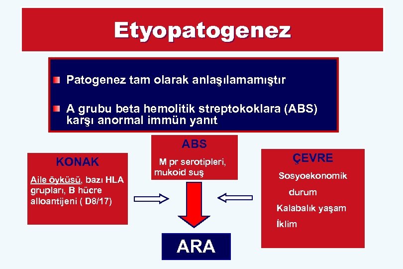 Etyopatogenez Patogenez tam olarak anlaşılamamıştır A grubu beta hemolitik streptokoklara (ABS) karşı anormal immün