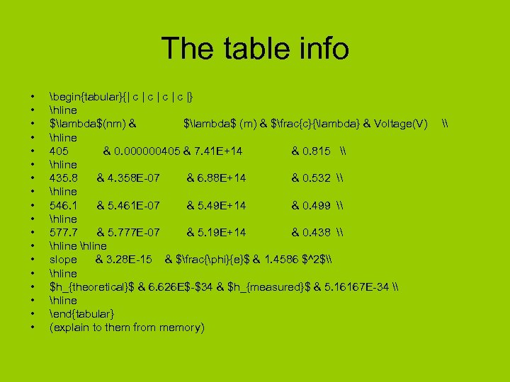 The table info • • • • • begin{tabular}{| c | c |} hline