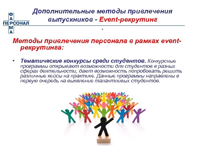 Дополнительные методы привлечения выпускников - Event-рекрутинг. Методы привлечения персонала в рамках еventрекрутинга: • Тематические