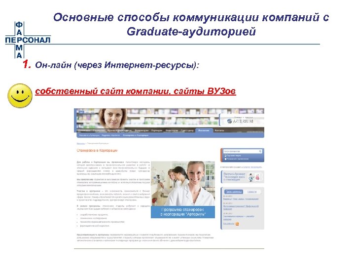 Основные способы коммуникации компаний с Graduate-аудиторией 1. Он-лайн (через Интернет-ресурсы): - собственный сайт компании,