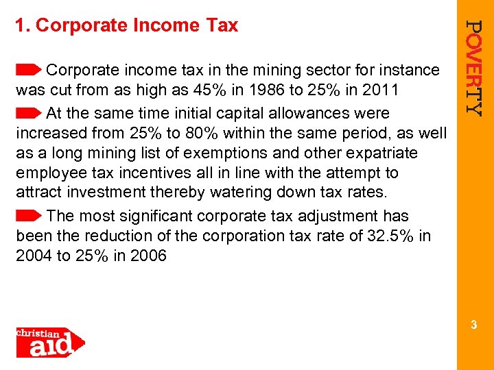 1. Corporate Income Tax Corporate income tax in the mining sector for instance was