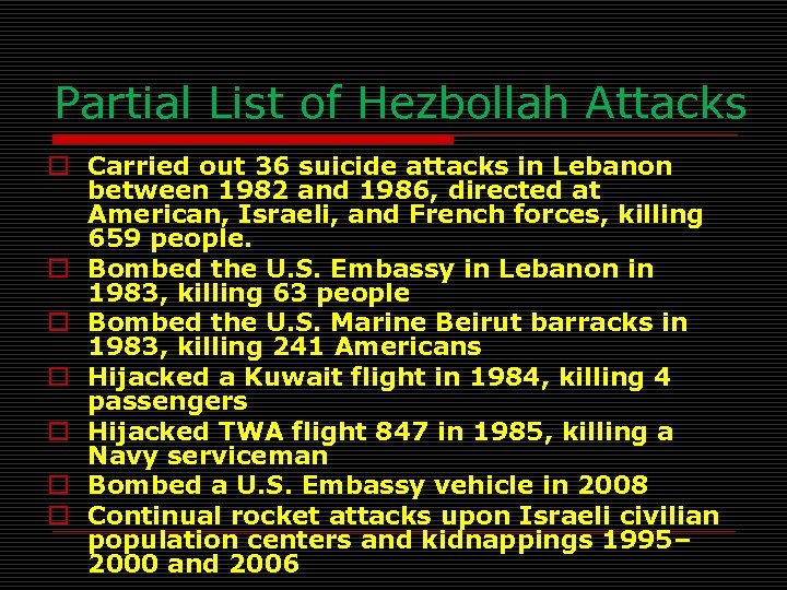 Partial List of Hezbollah Attacks o Carried out 36 suicide attacks in Lebanon between