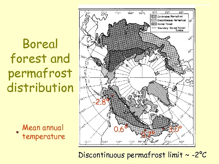 Boreal forest and permafrost distribution -2. 8° Mean annual temperature 0. 6° 0. 7°