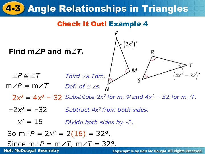4 -3 Angle Relationships in Triangles Check It Out! Example 4 Find m P