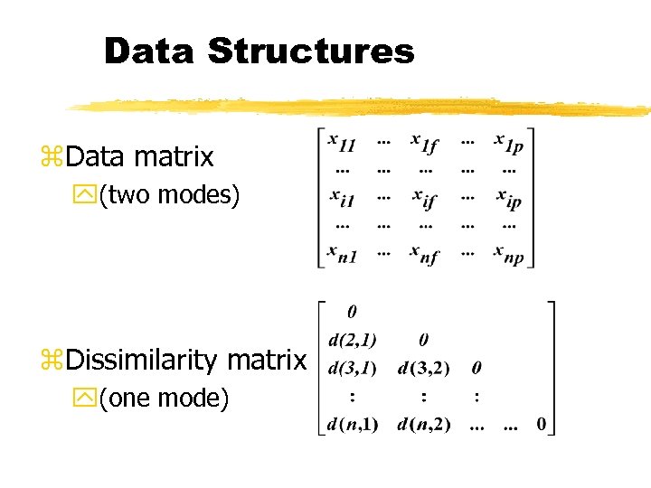 Data Structures z. Data matrix y(two modes) z. Dissimilarity matrix y(one mode) 