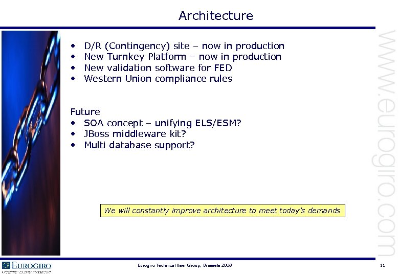 Architecture • • D/R (Contingency) site – now in production New Turnkey Platform –
