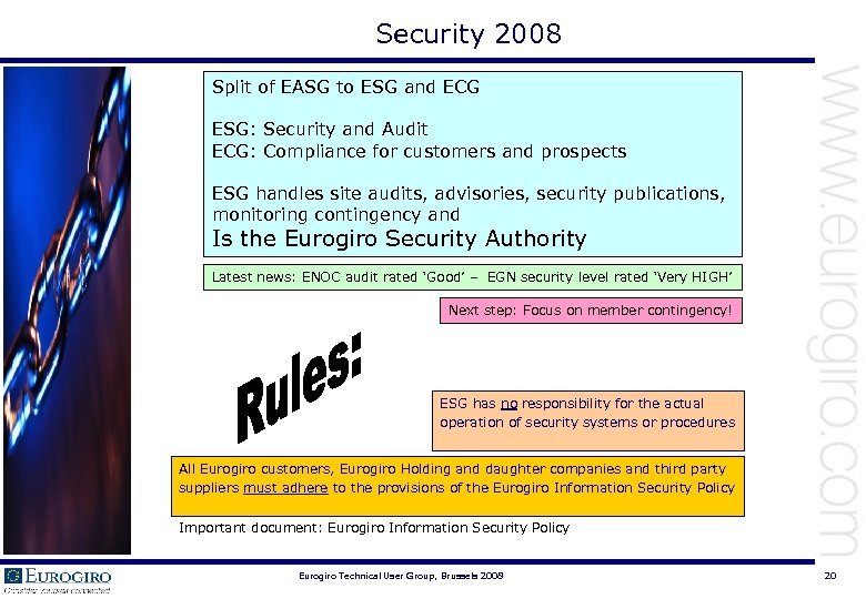 Security 2008 Split of EASG to ESG and ECG ESG: Security and Audit ECG: