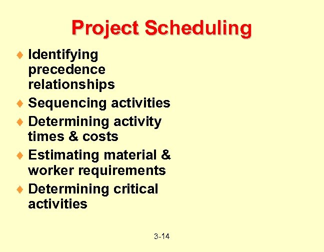 Project Scheduling ¨ Identifying precedence relationships ¨ Sequencing activities ¨ Determining activity times &