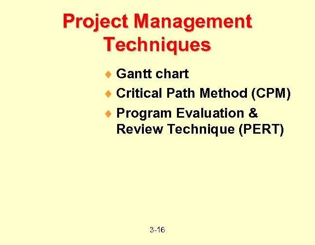 Project Management Techniques ¨ Gantt chart ¨ Critical Path Method (CPM) ¨ Program Evaluation