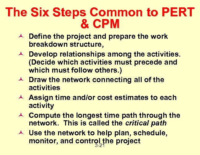 The Six Steps Common to PERT & CPM © Define the project and prepare