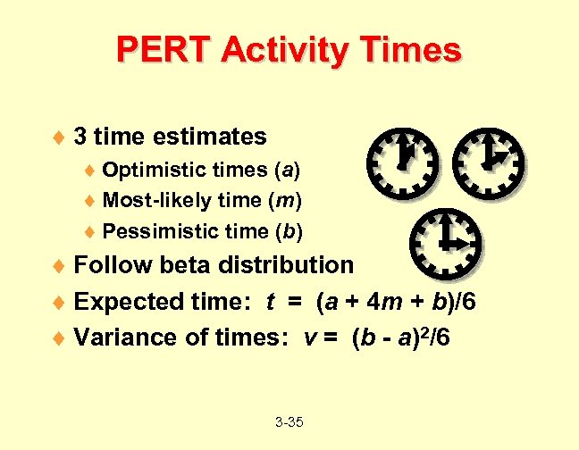PERT Activity Times ¨ 3 time estimates ¨ Optimistic times (a) ¨ Most-likely time