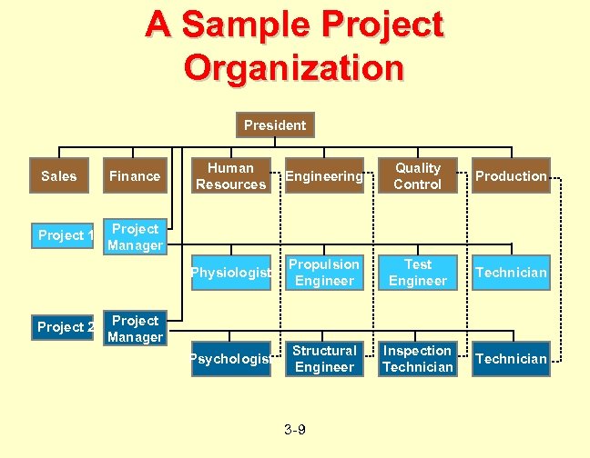 A Sample Project Organization President Finance Project 1 Human Resources Engineering Quality Control Production
