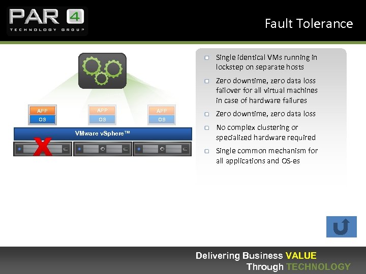 Fault Tolerance Single identical VMs running in lockstep on separate hosts Zero downtime, zero