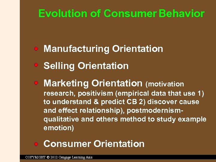 Evolution of Consumer Behavior Manufacturing Orientation Selling Orientation Marketing Orientation (motivation research, positivism (empirical