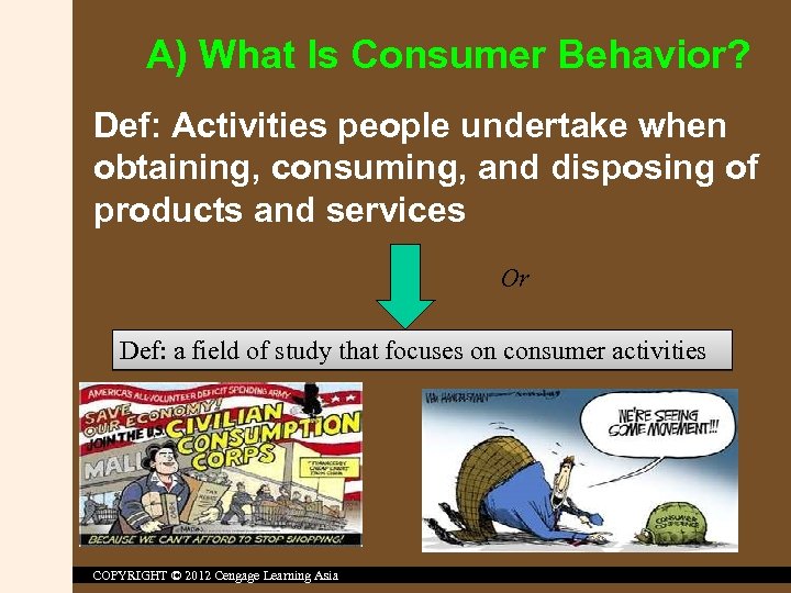 A) What Is Consumer Behavior? Def: Activities people undertake when obtaining, consuming, and disposing