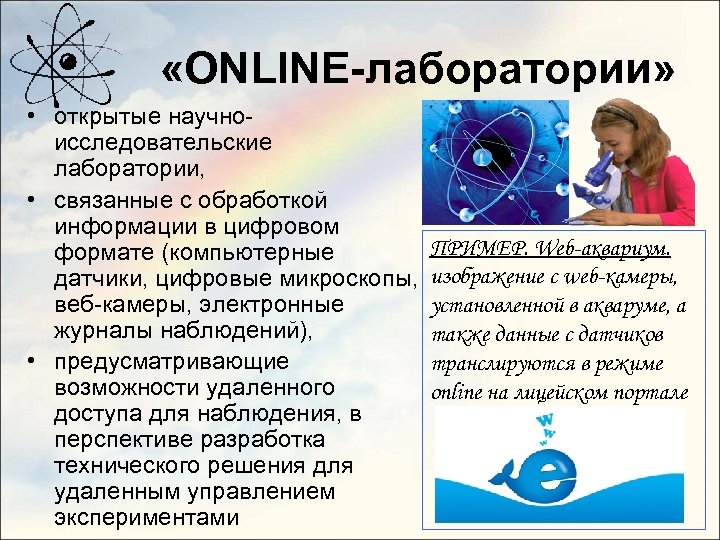  «ONLINE-лаборатории» • открытые научноисследовательские лаборатории, • связанные с обработкой информации в цифровом формате