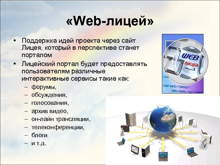  «Web-лицей» • Поддержка идей проекта через сайт Лицея, который в перспективе станет порталом
