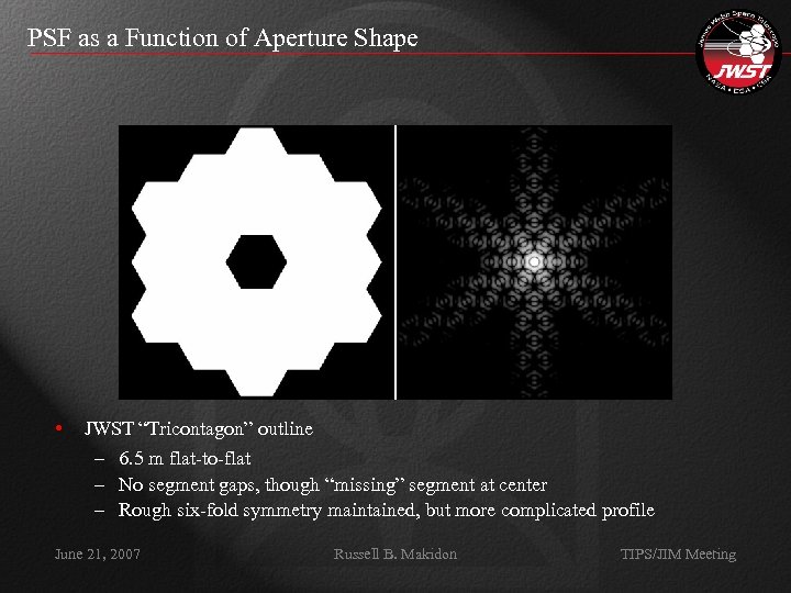 PSF as a Function of Aperture Shape • JWST “Tricontagon” outline – 6. 5