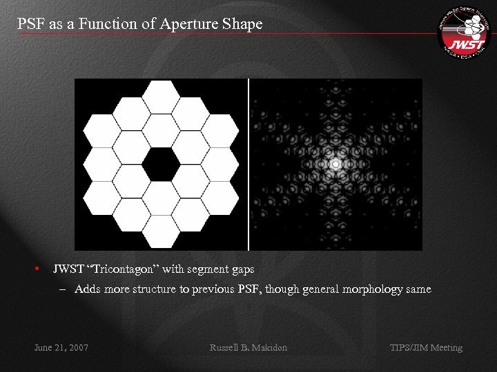 PSF as a Function of Aperture Shape • JWST “Tricontagon” with segment gaps –