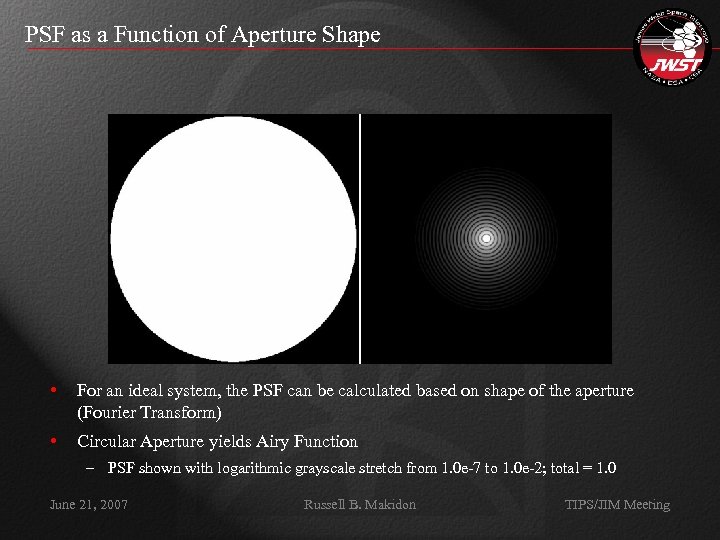 PSF as a Function of Aperture Shape • For an ideal system, the PSF