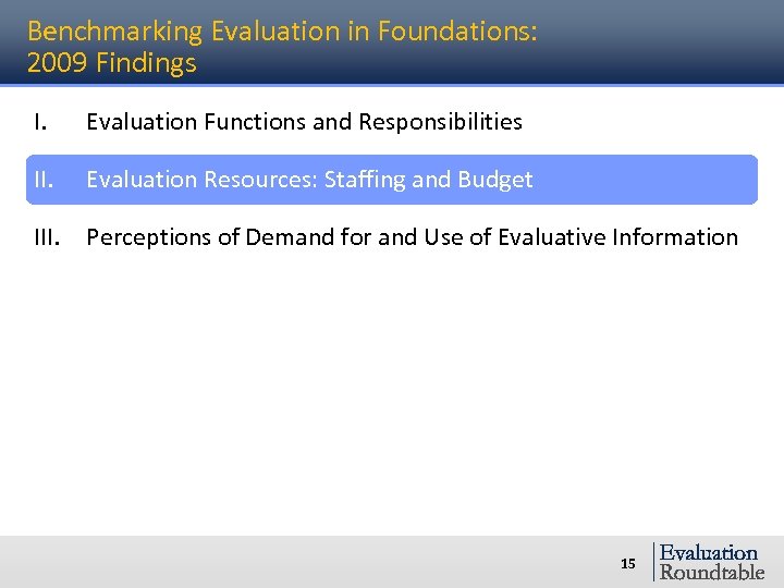 Benchmarking Evaluation in Foundations: 2009 Findings I. Evaluation Functions and Responsibilities II. Evaluation Resources:
